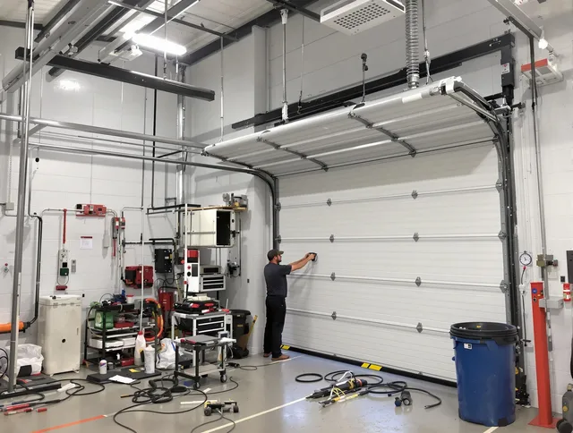 Hemet Garage Door Repair certified technician performing commercial door repair at a Hemet business facility