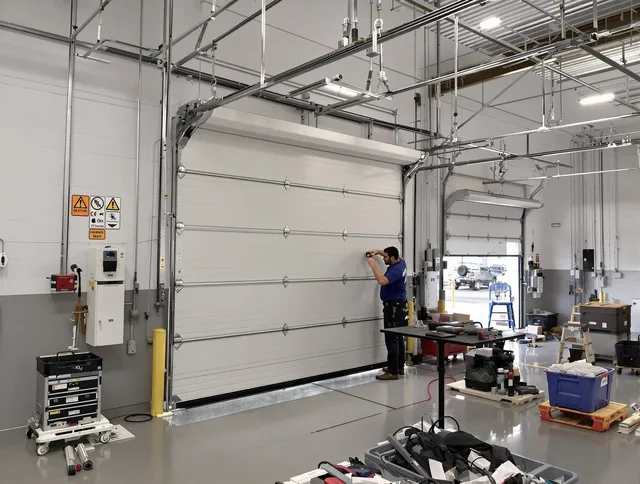 Commercial garage door repair being performed by Hemet Garage Door Repair expert in Hemet