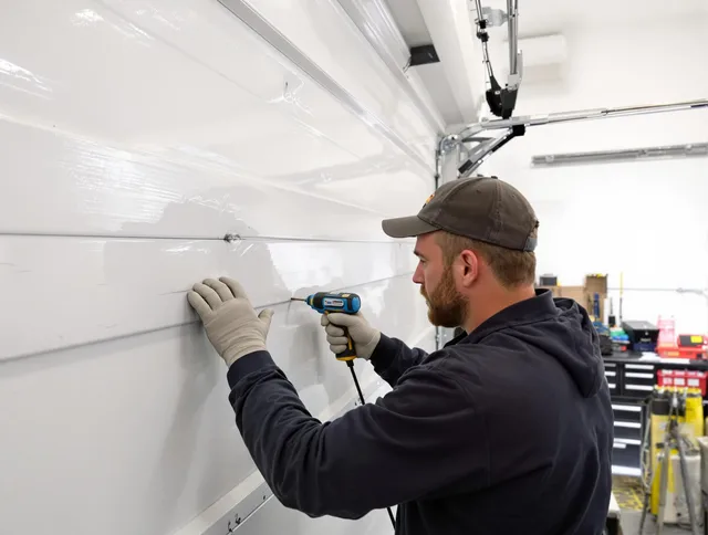 Hemet Garage Door Repair technician demonstrating precision dent removal techniques on a Hemet garage door