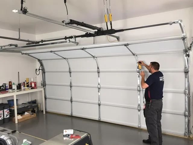 Hemet Garage Door Repair certified technician performing overhead door system repair in Hemet