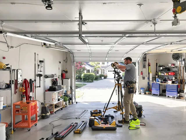 Hemet Garage Door Repair specialist performing laser-guided track alignment in Hemet